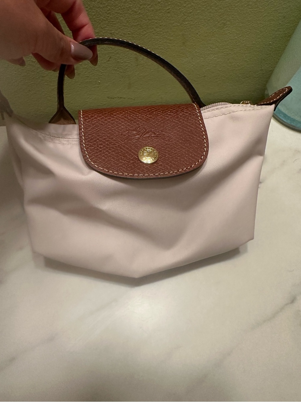 Longchamp Le Pliage Small Handbag in Light tan with Brown Trim